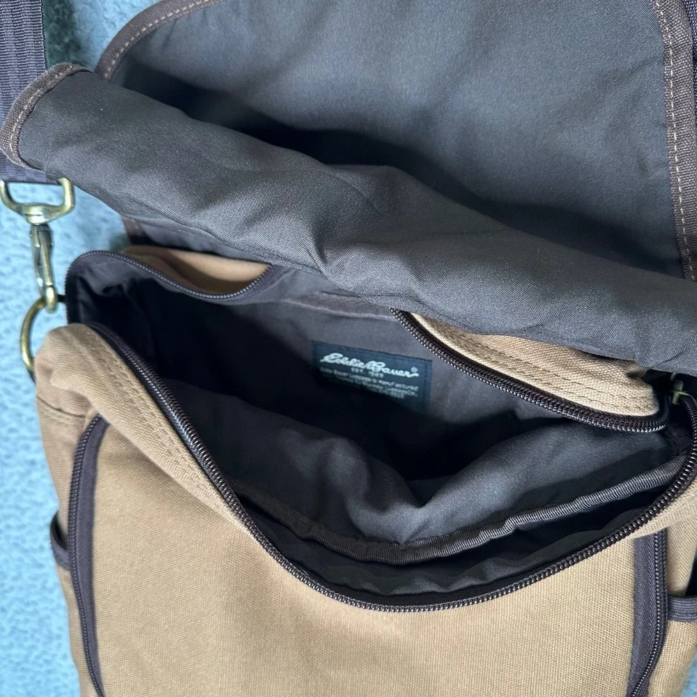 Eddie Bauer Tan Canvas Messenger Bag Brown Crossbody Satchel Brass Hardware